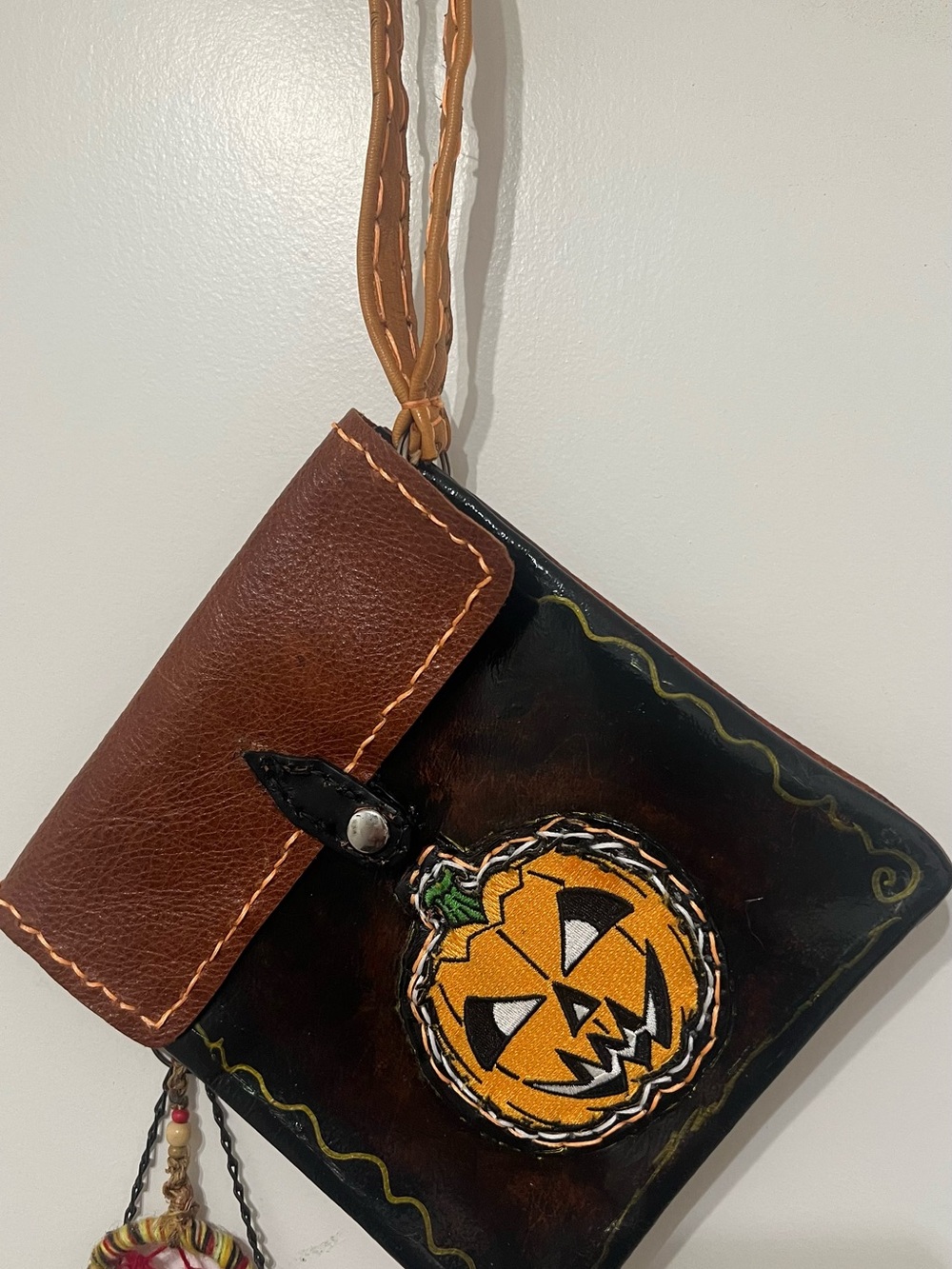 Brown Leather Wristlet Clutch with Embroidered Pumpkin Accent
